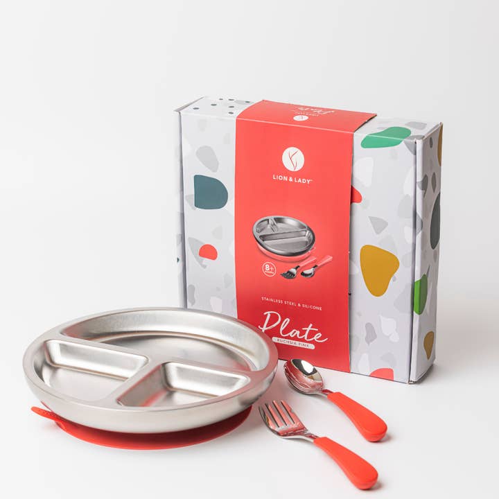 Lion & Lady - Wholesale Feeding Set - Baby - 18/8 Stainless Toddler Plate with silicone suction base, spoon and fork1
