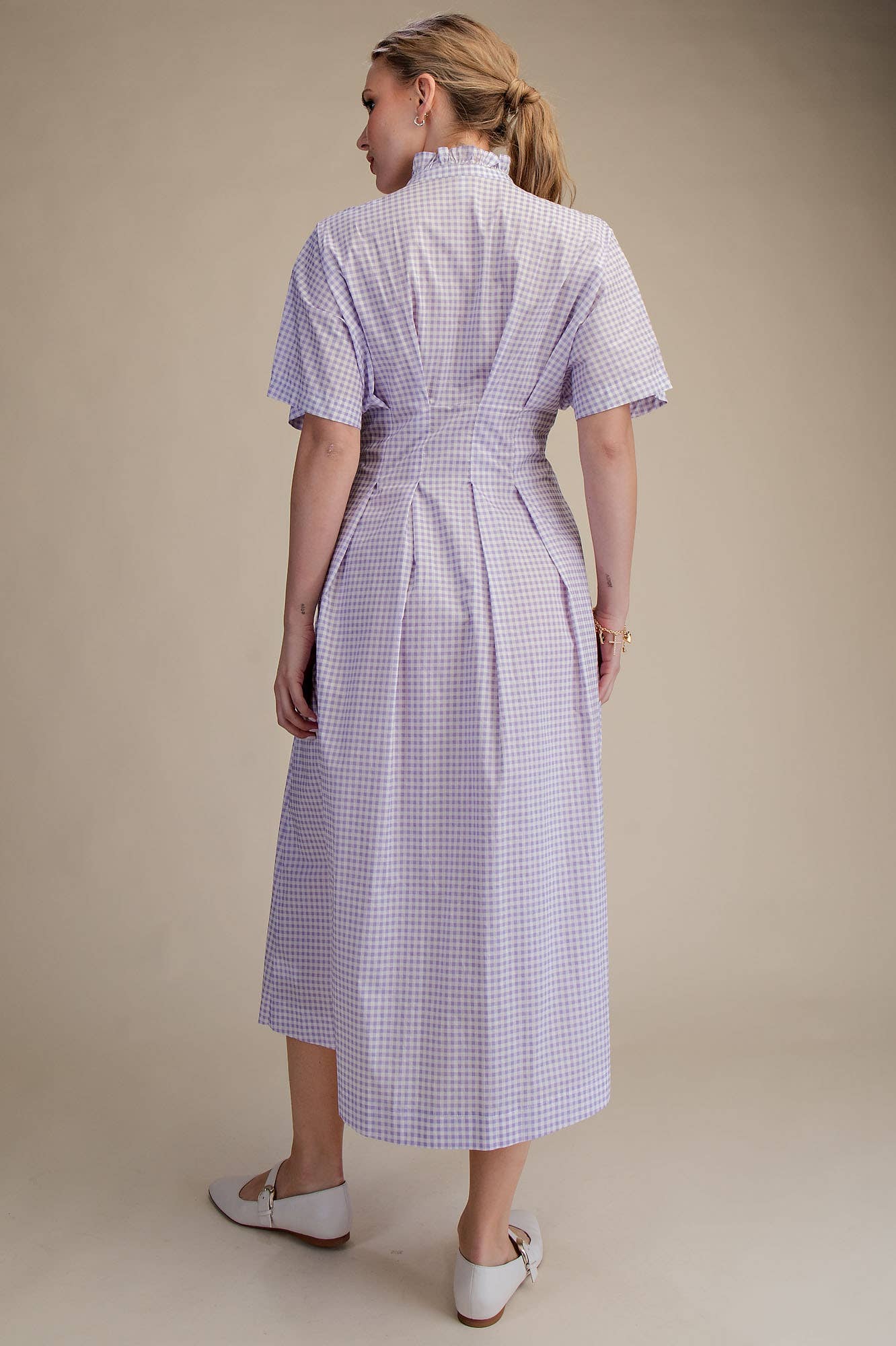 Glam - Wholesale Dress - Women's - Gingham Check Ruffle Neck Waist Pleated Midi Dress13