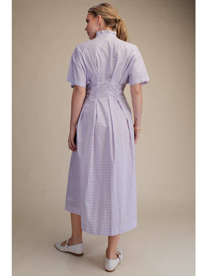 Glam - Wholesale Dress - Women's - Gingham Check Ruffle Neck Waist Pleated Midi Dress13