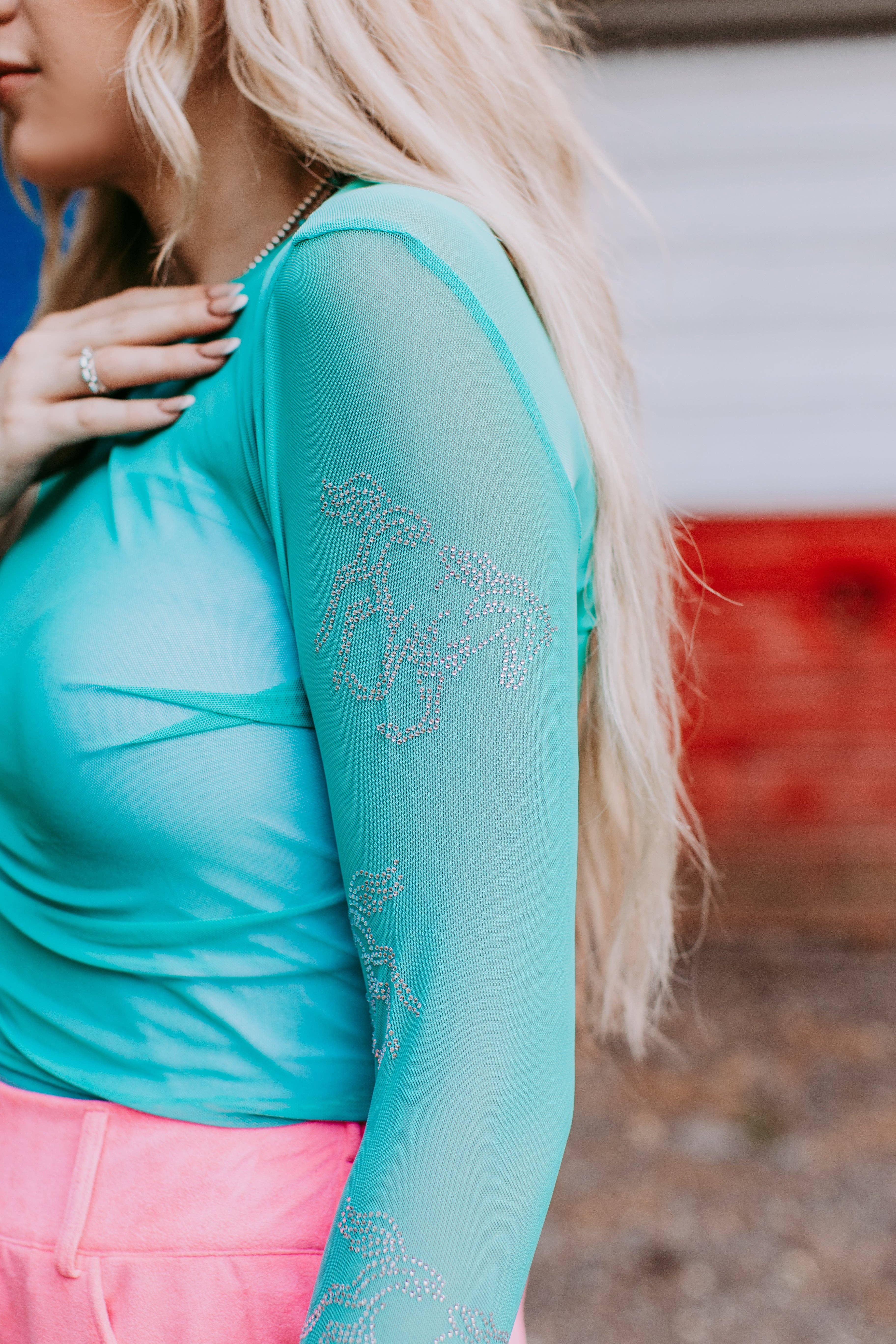 Turkis MK426 Dylan brun Rhinestone Pyntet Mesh LS Top - Turkis for engroshandel på Faire0