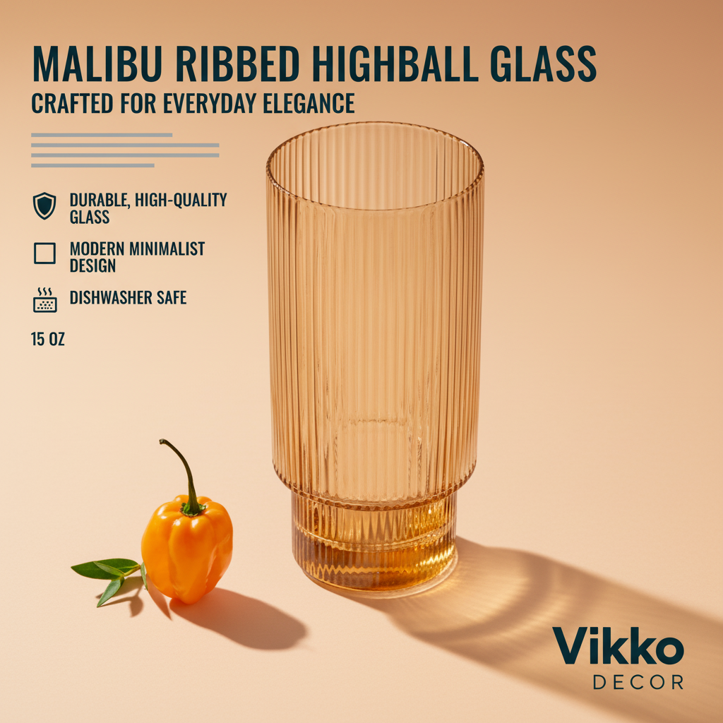 Kadra Kitchenware - Wholesale Drinking Glass/Cup - Vikko - Decor, Malibu, Ribbed Highball Glass, Amber, 15 Oz3