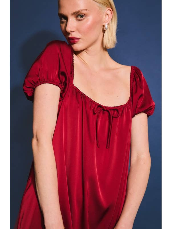 Crimson PUFF SLEEVE SATIN DRESS for wholesale on Faire