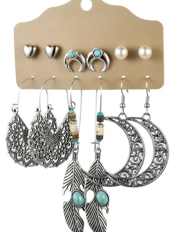 ( A923 ) 6 PARES DE BRINCOS ESTILO RETRÔ - PENA & LUA por atacado de Jewelry Max