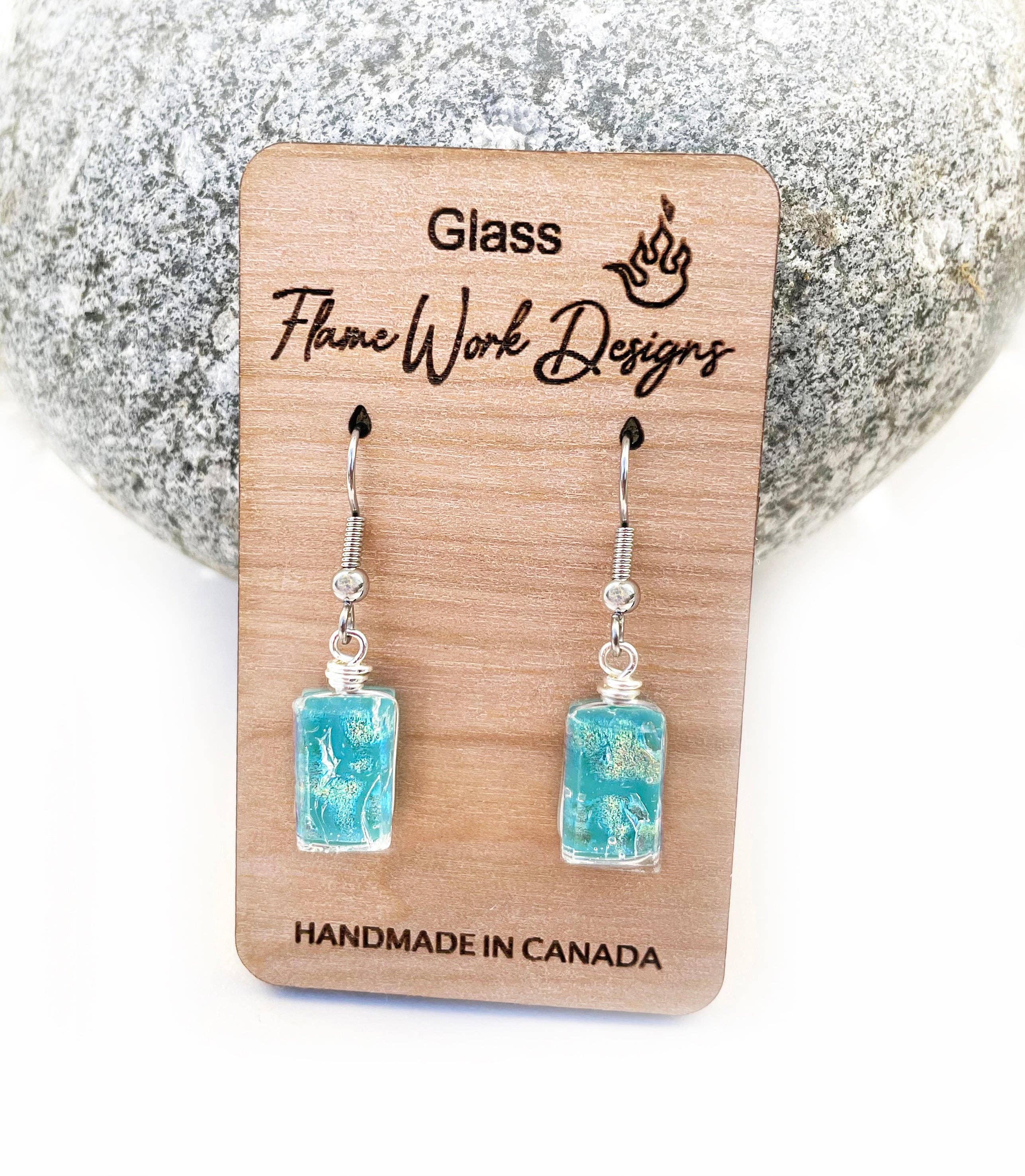 Flame Work Designs - Glass Jewelry - Wholesale Dangle Earrings - Dichroic Glass Earrings - Light Blue