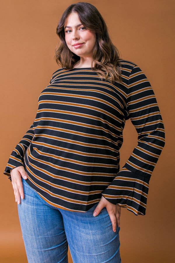 BLACK A PLUS SIZE STRIPE RUFFLE SLEEVE TOP-ATP1531-KN for wholesale on Faire0
