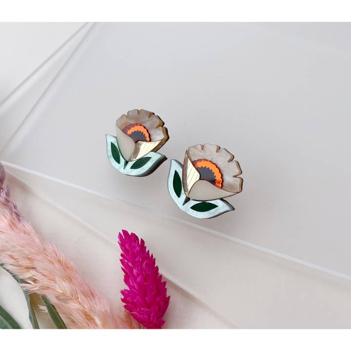 Isobel Floral Statement Stud Earrings - Caramel for wholesale by Rosa Pietsch