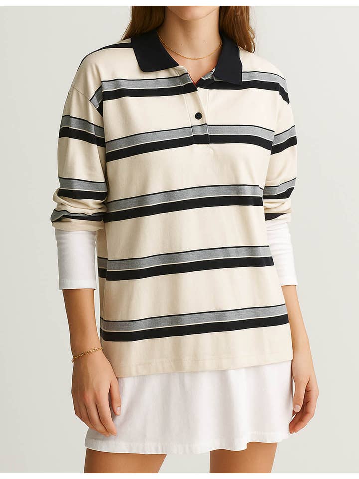 Sweetkama - Wholesale Sweatshirt - Women's - Ladies Color Block Stripe Lapel Pullover Top Everyday Sweatshirt5