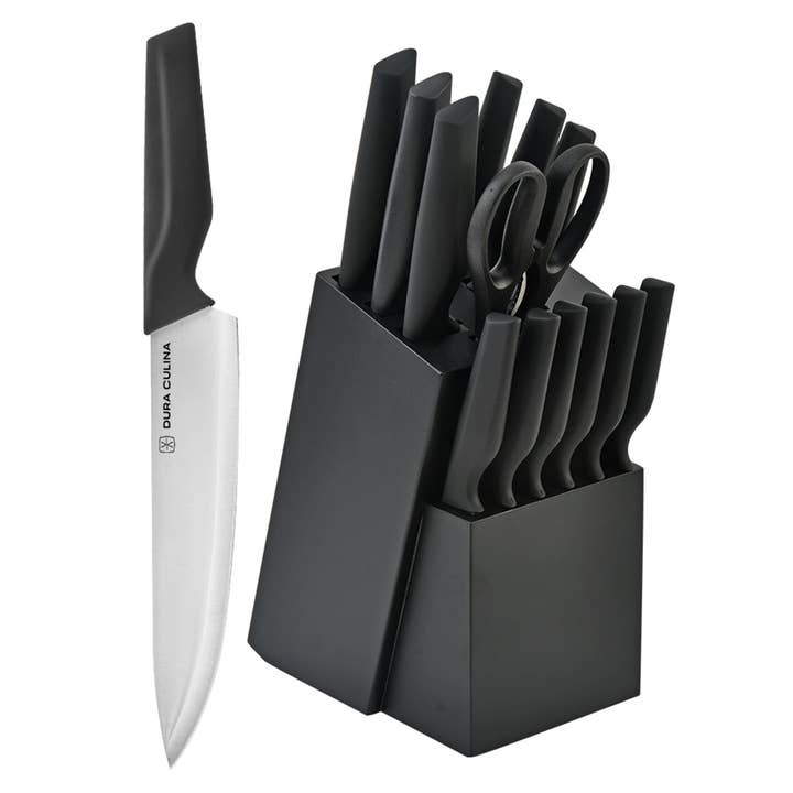 14-Piece Knife Block Set - High Carbon Stainless Steel with Ergonomic Handles, Built-In Sharpener, Black Wood Storage Block for wholesale by Dura Living LLC