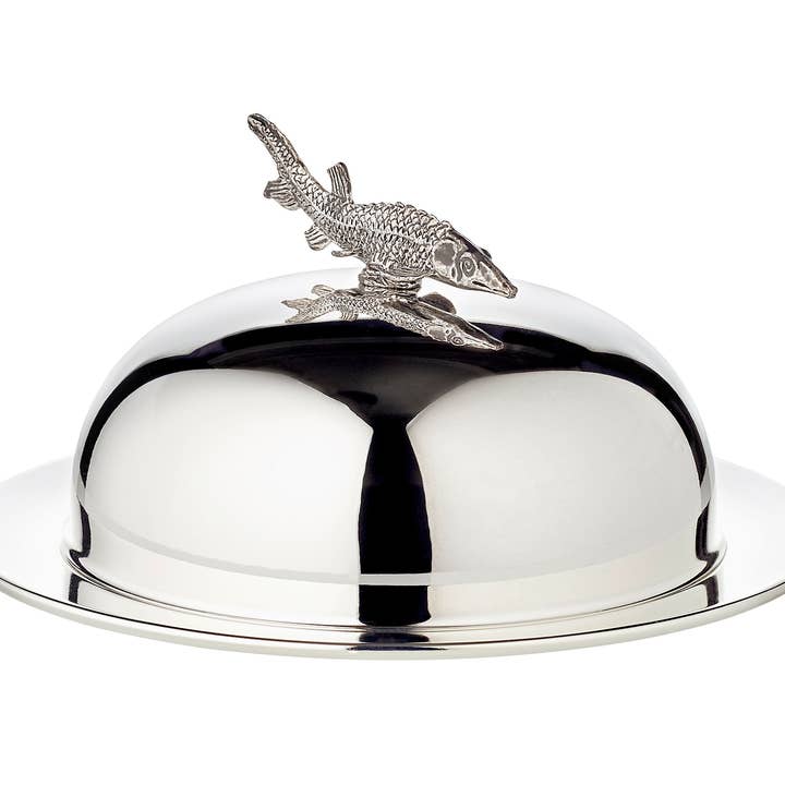 Bol à caviar en forme d’esturgeon (H 7 cm), argenté, figurine de poisson pour la vente par EDZARD