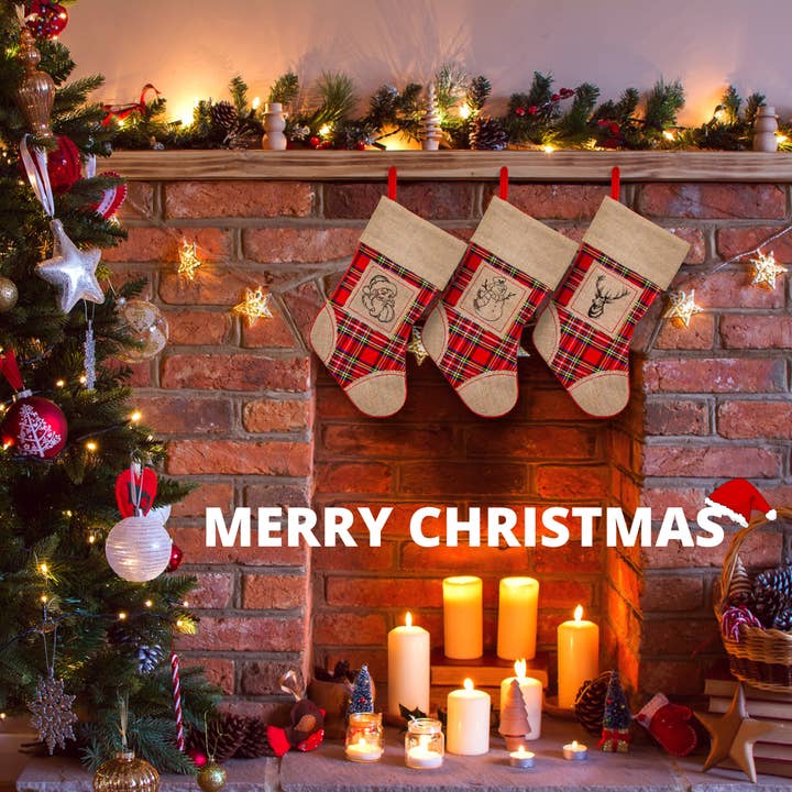 Lexi Home - Wholesale Holiday Stocking - Large Christmas Stockings - 3 Pack Plaid Burlap Stockings