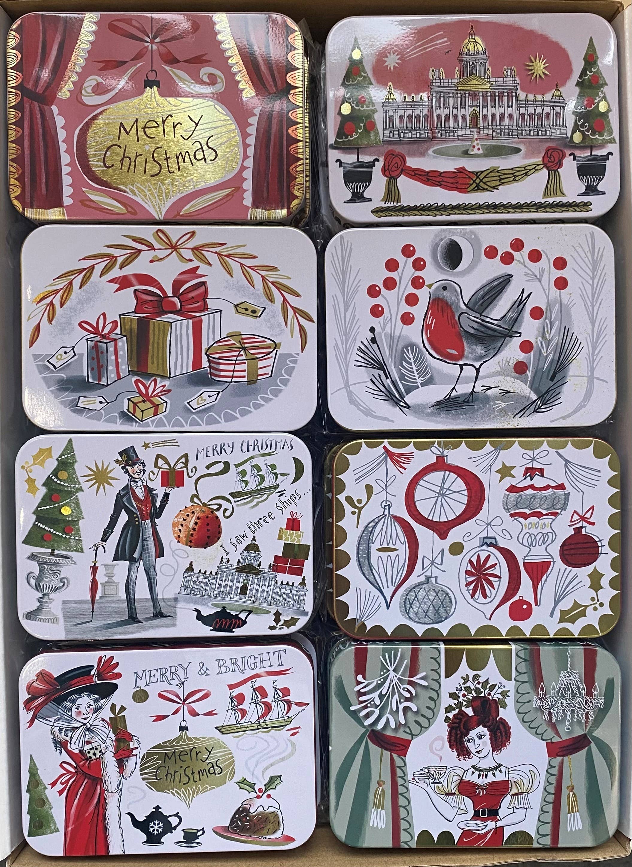 Tin Treats – wholesale Christmas decoration – Christmas Slip Lid Pocket Tins 8 Asst With Fudge1