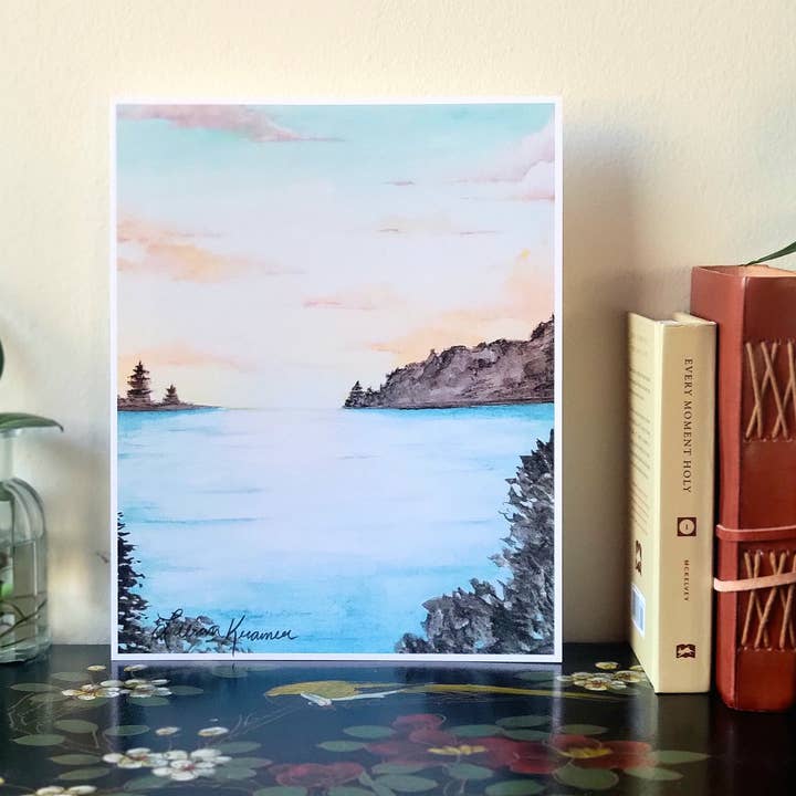 Impression d'art Sehnsucht du lever de soleil sur le lac peinture à l'aquarelle pour la vente par Lillykdesigns