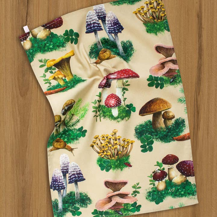 Tea towel with woodland mushroom pattern / fungi tea towel for wholesale by AMPellegrini Art & Design