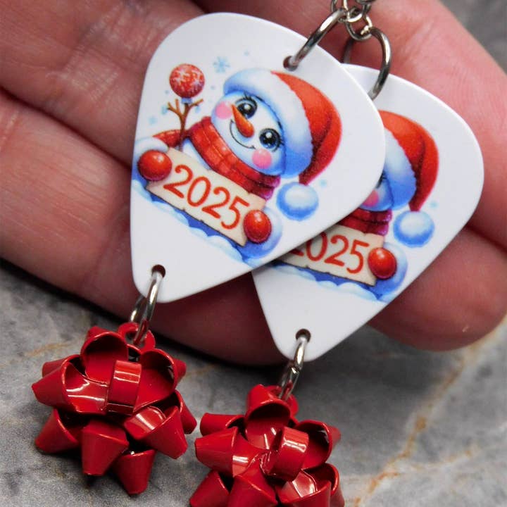 Simply Raevyn - Wholesale Dangle Earrings - Christmas 2025 Snowman Guitar Pick Earrings with Bow Dangles3
