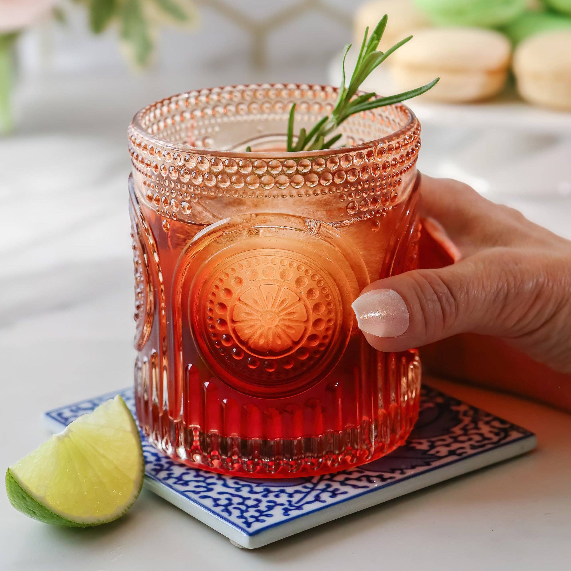 Kate Aspen - Wholesale Cocktail/Liquor Glass - 10 oz. Ribbed Retro Arch Floral Rose Gold Drinking Glasses (6