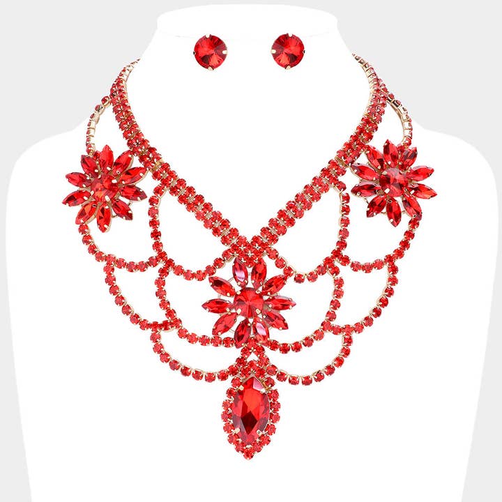 Sensibling Corp. - Wholesale Jewelry Set - Floral Marquise Stone Accented Draped Evening Necklace2