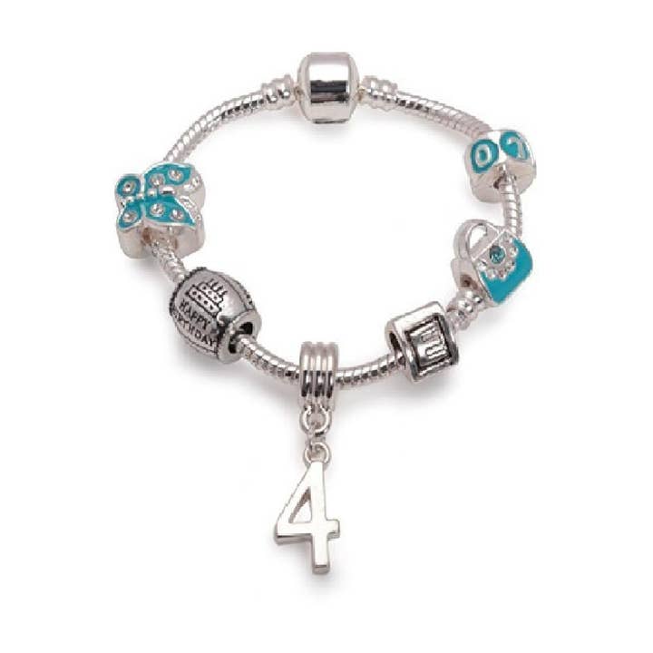 Children's Blue 'Happy 4th Birthday' Silver Plated Charm Bead Bracelet for wholesale by Liberty Charms