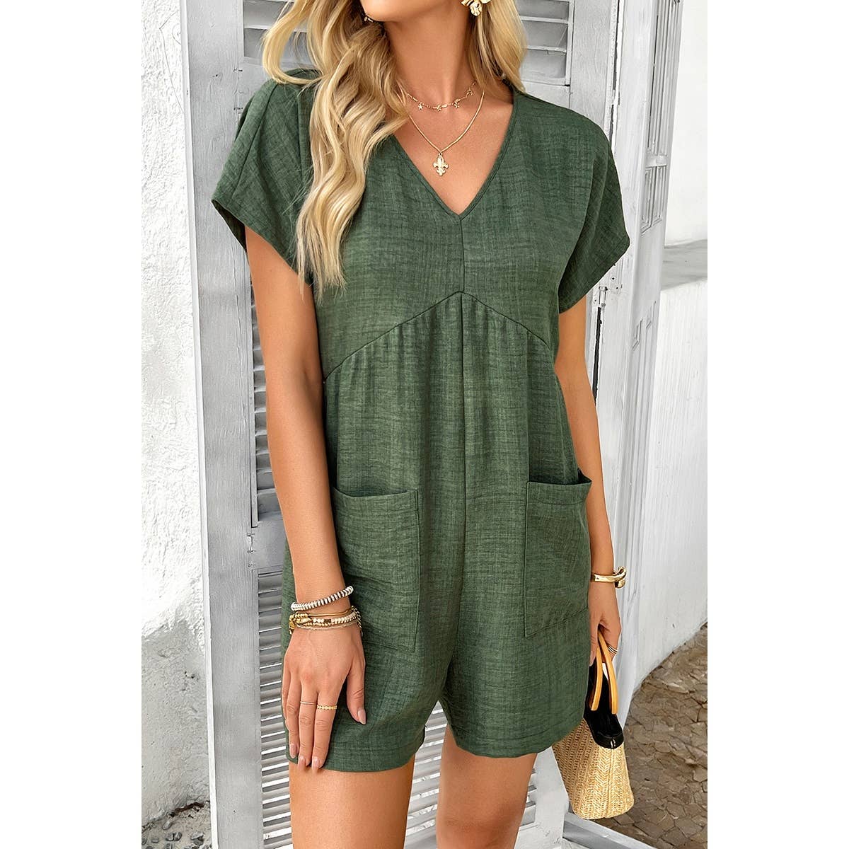 Elings – Großhandel Romper – Damen – Solider Tiefer V-Ausschnitt Drop-Shoulder-Loser Jumpsuit mit Taschen8