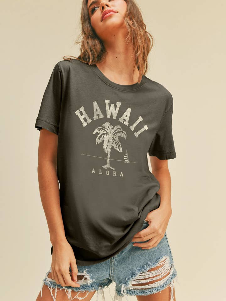 Hawaii Aloha Palm Tree Graphic Short Sleeve T-Shirt for wholesale by Honestee