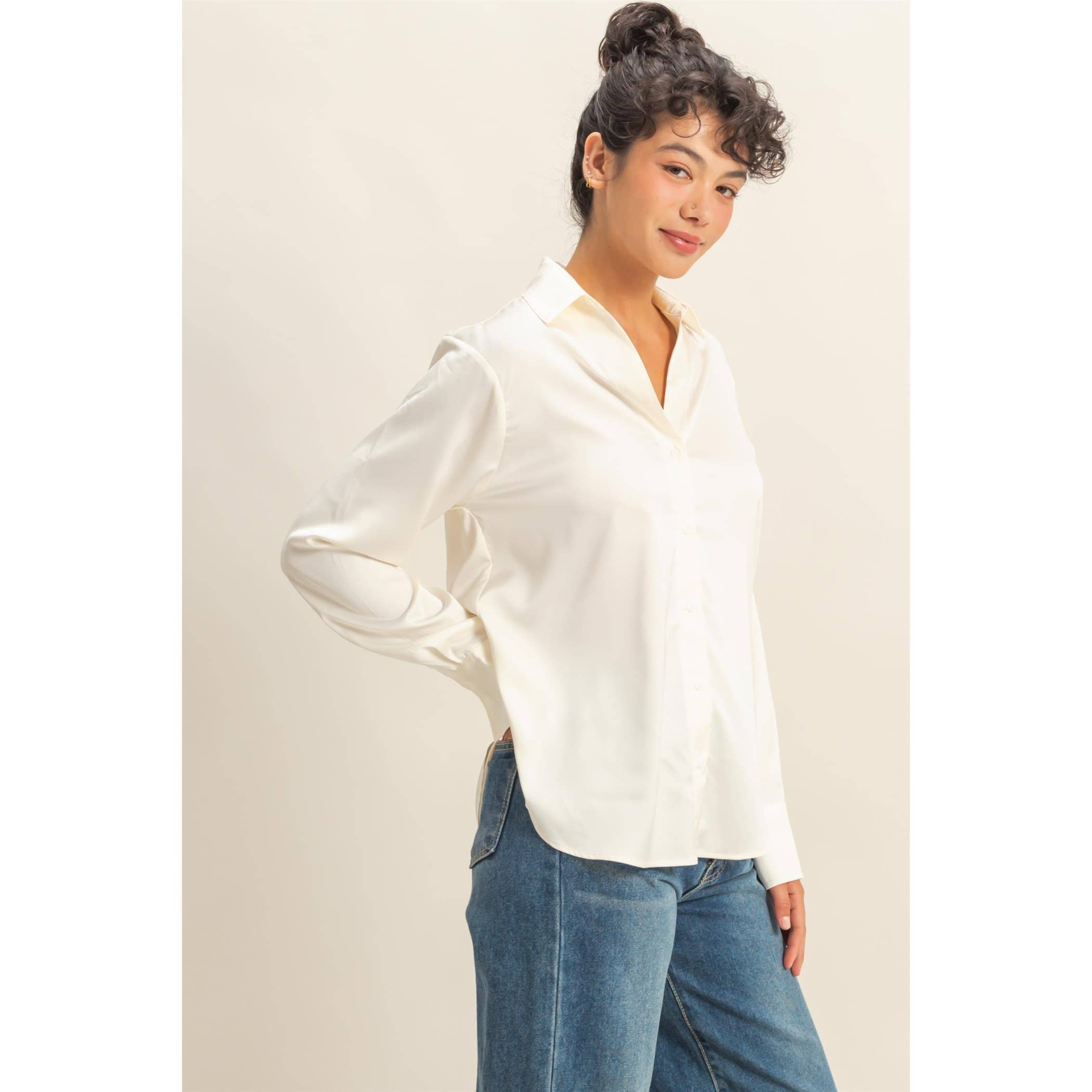 Double Zero - Wholesale Blouse - Women's - Button-Up Satin Shirt With Collared Neckline6