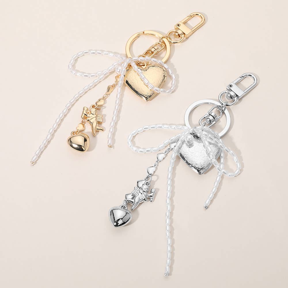 Sensibling Corp. - Wholesale Keychain - Women's - Pearl Beaded Bow Metal Heart Embellished Bag Charm Keychain0