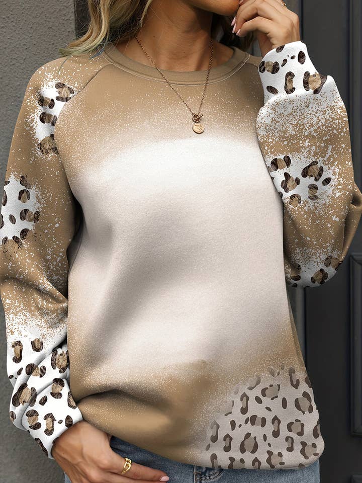 Brown Cheetah Print Round Neck Raglan Sleeve Sweatshirt for wholesale on Faire