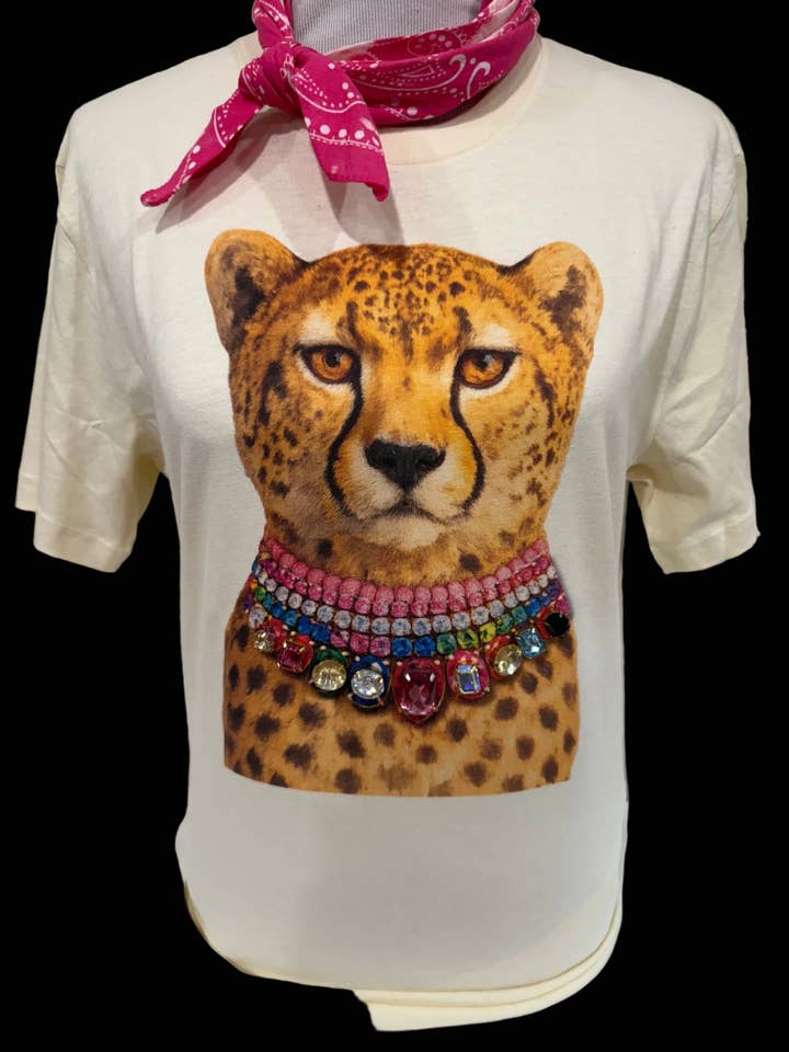 Jeweled Collar Leopard on Natural Crew for wholesale by Bling-A-GoGo, LLC