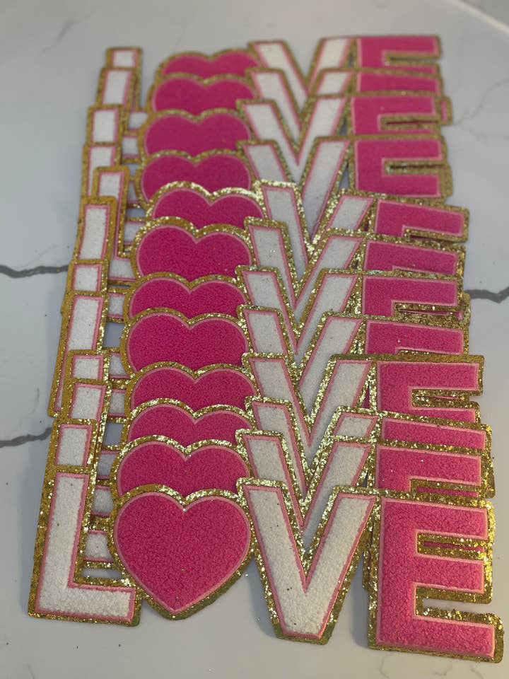 Love Iron On Chenille Patches with Gold-Glitter Edging - 11" Valentine's Day Love Chenille Patches - Heart Patches - Love Letter Patches for wholesale by sequinandstiches