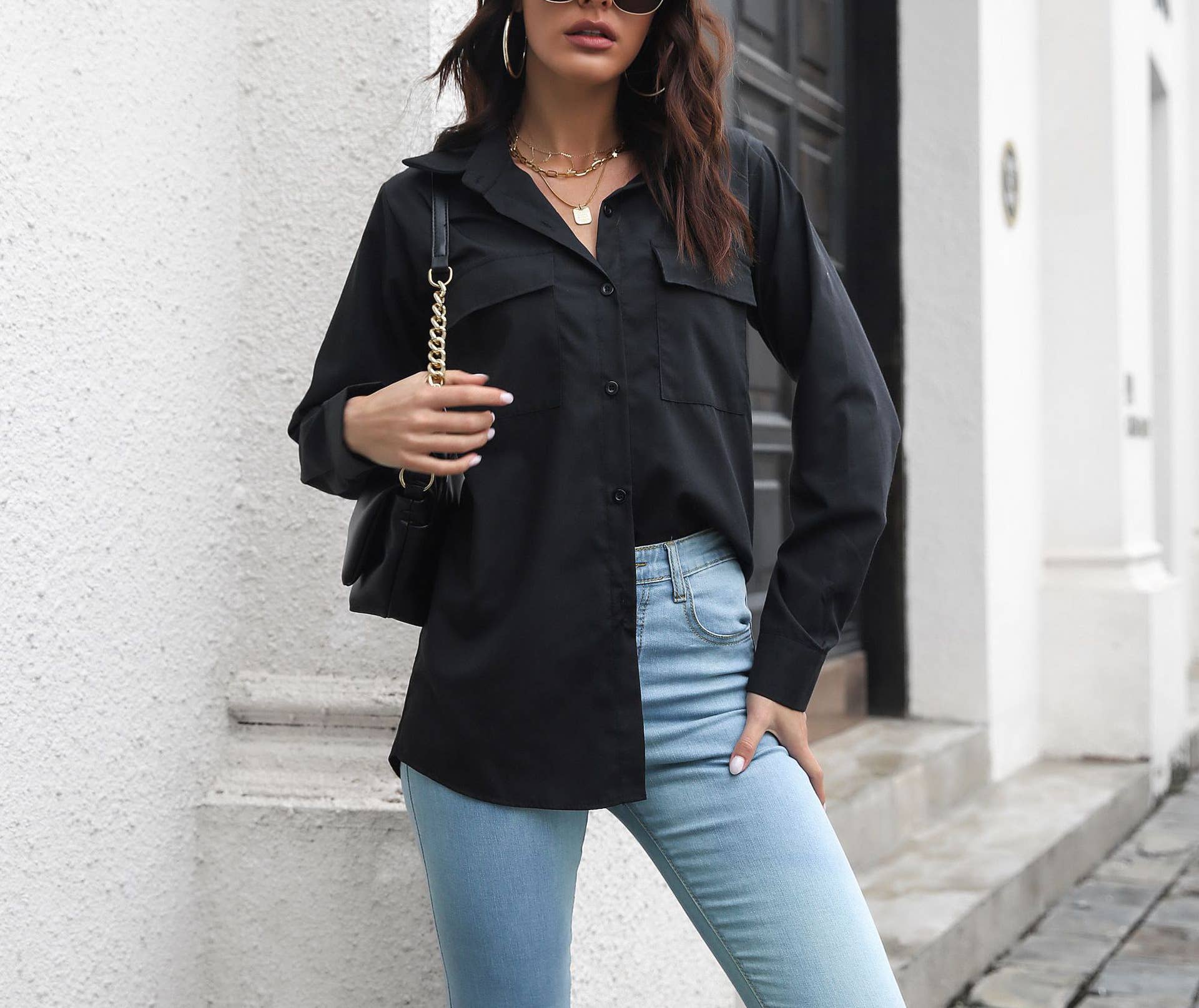 HIDDENBRAND - Wholesale Button Down Shirt - Women's - Cotton Long Sleeve Medium Length Shirt Women0