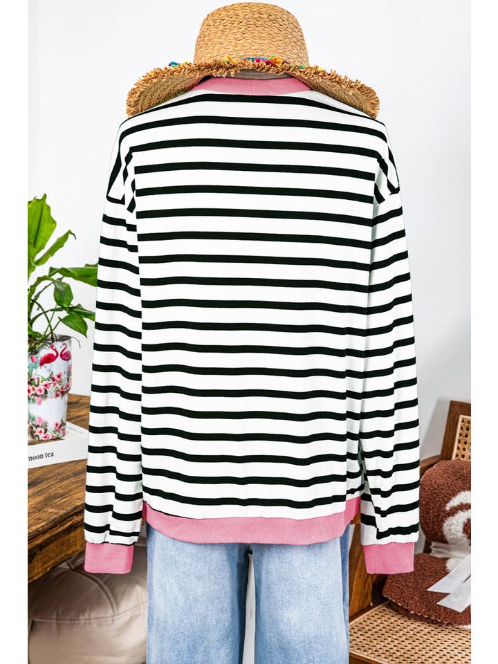 fashionworks - Wholesale Blouse - Women's - Fall Clothing Stripe Contrast Edge Long Sleeve Top Blouse