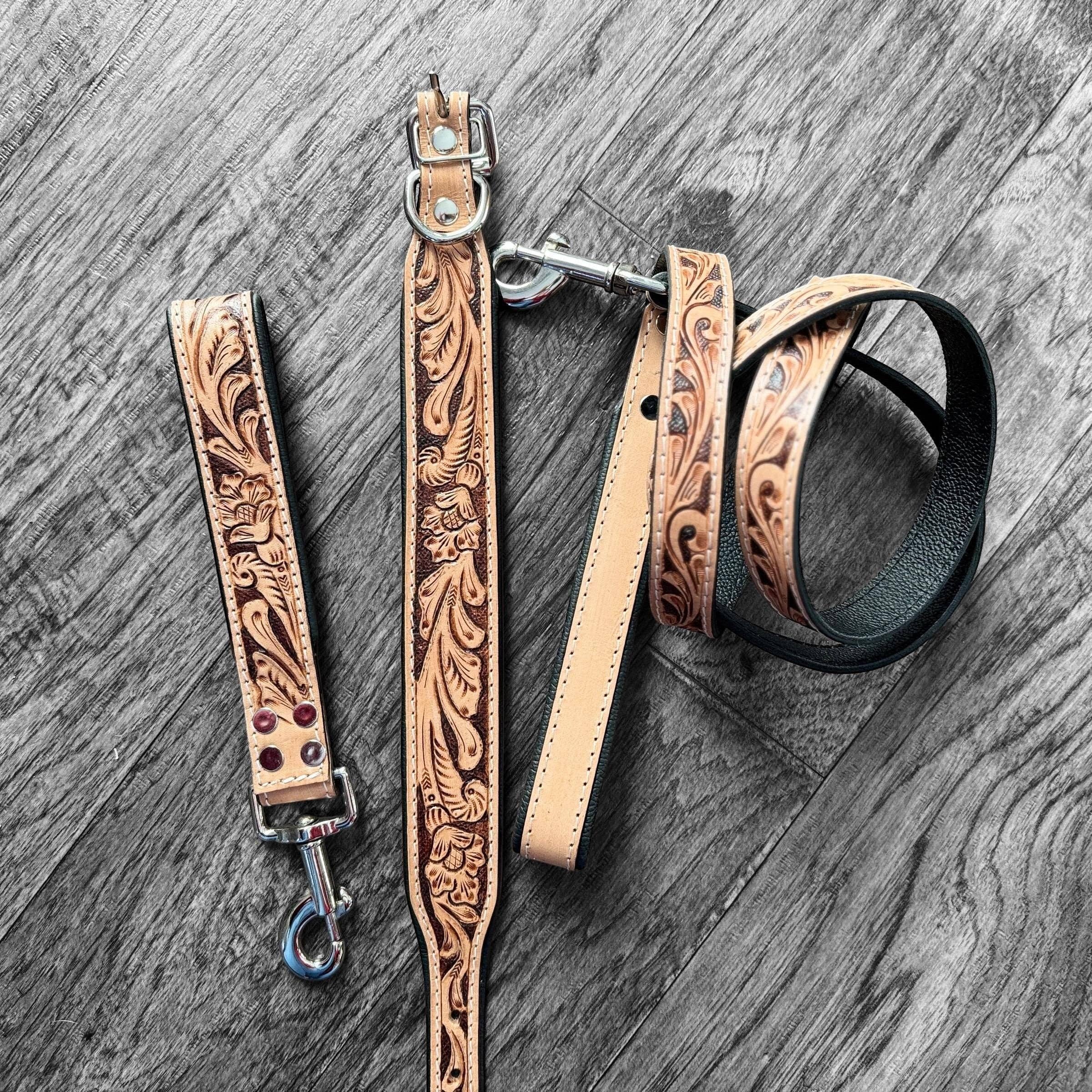 Double B Wild Rags – wholesale Pet collar – Dog – Western traditional tooled leather dog collar and leash set with floral details by Double B Wild Rags3
