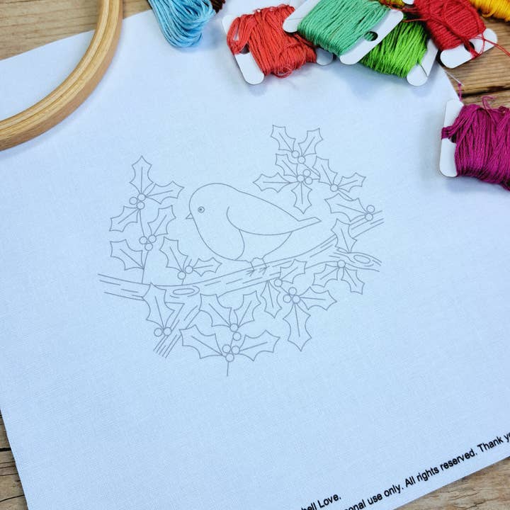 Robin in Holly Embroidery Panel Pack for wholesale by Bluebell Love
