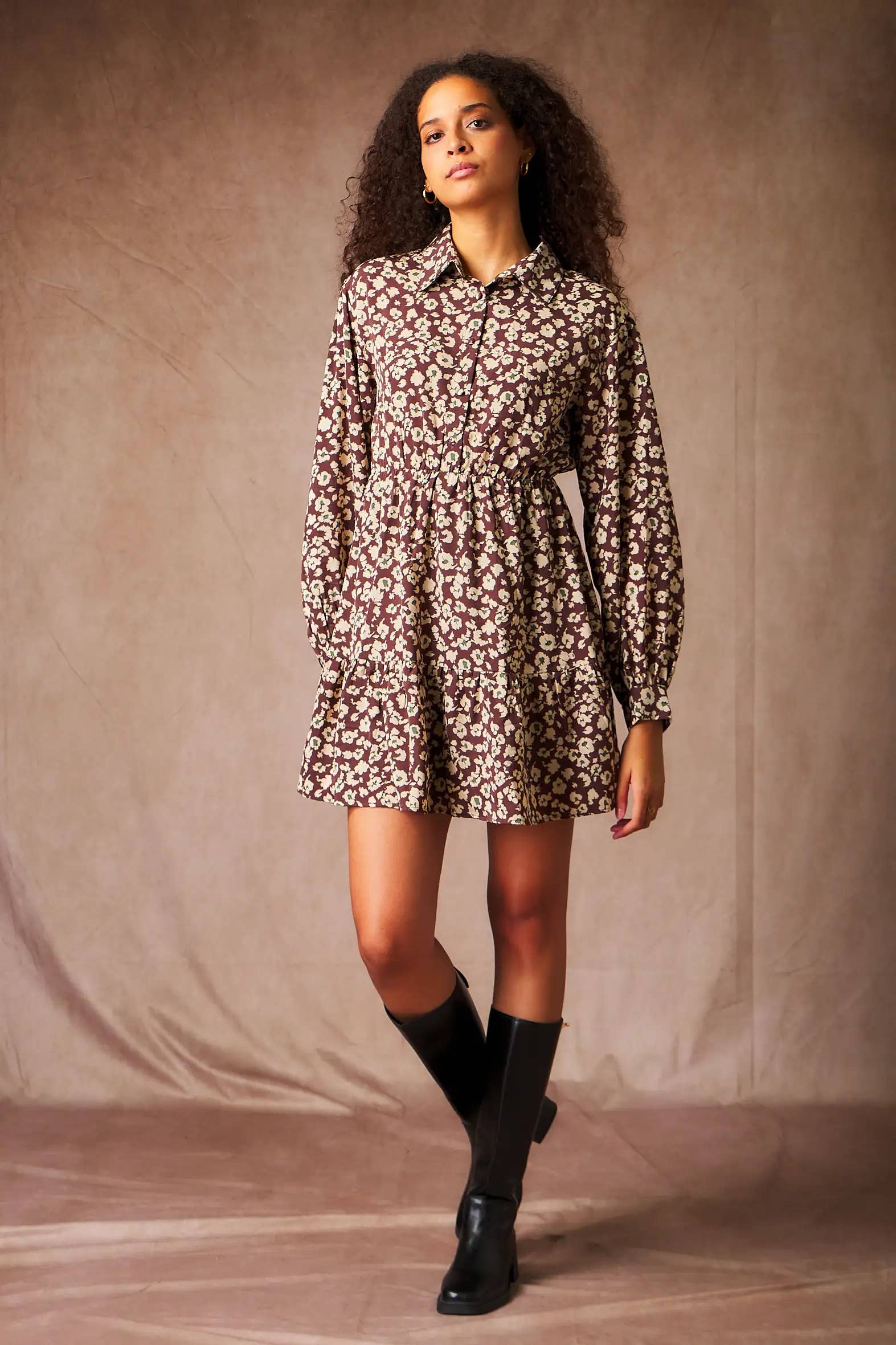 Brown Floral print short dress with elasticated waist - 5040D-IMANE for wholesale on Faire0