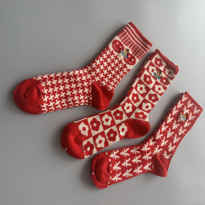 Tourtiwi - Wholesale Socks - Women's - Red Snowflake & Geometric Patterns Christmas Crew Socks34