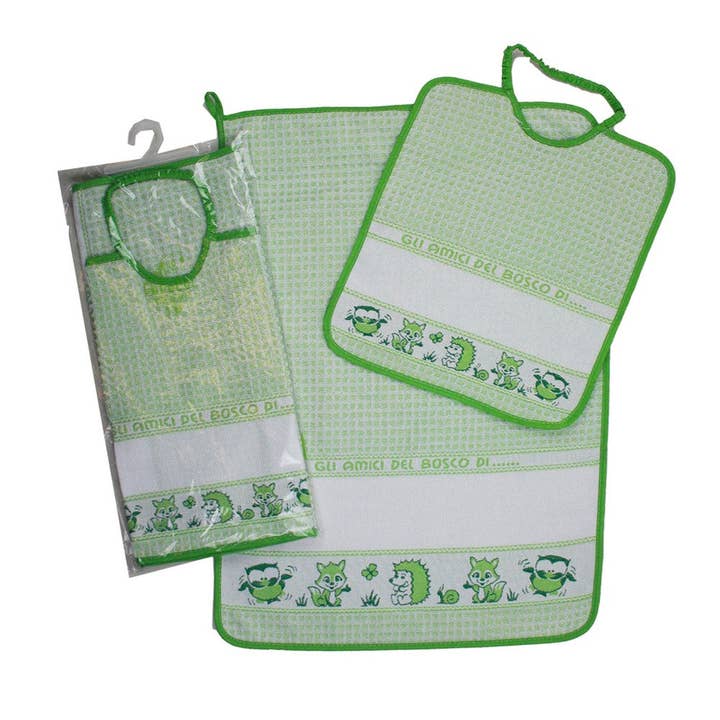 Almatex srl - Wholesale Dishcloth - Set of 2 pcs. FRIENDS OF THE WOOD:towel+bib with elastic band with etamine band to embroider3
