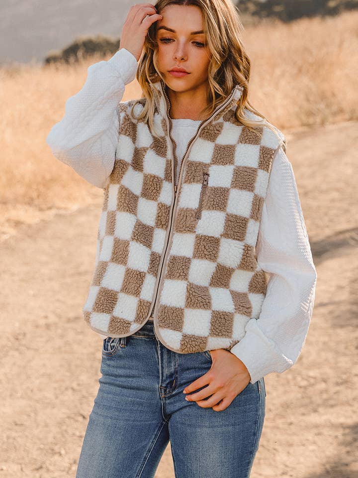 Fashion-W Checkered Sherpa Collared Jacket Vest for wholesale by fashionworks