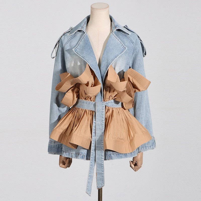 KHAKI Women's Denim Jacket With Contrast Lapel And Ruffle Hem for wholesale on Faire1
