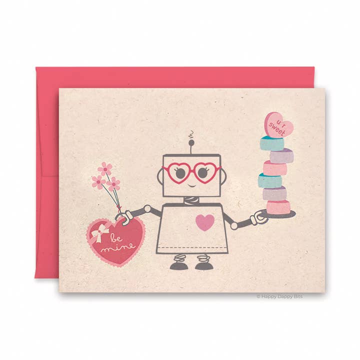 Girl Robot Valentine Card for wholesale by Happy Dappy Bits