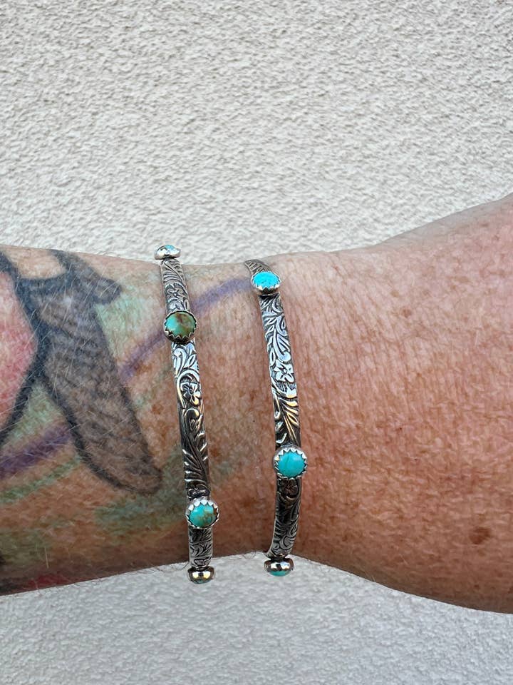 Sterling Silver Floral Bangle With Kingman Turquoise for wholesale by Desert Darlings Silver