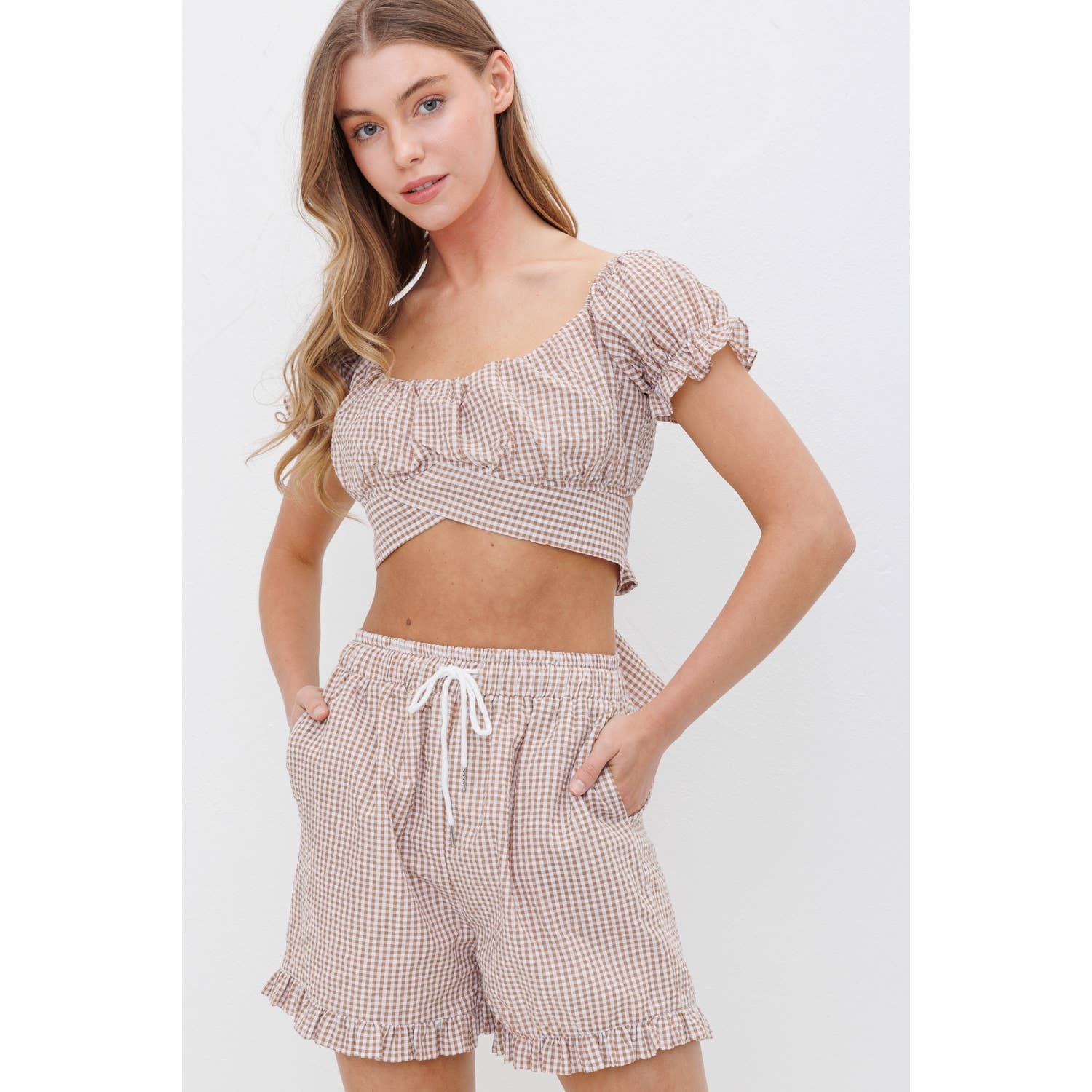 Sweet Generis - Wholesale Shorts - Women's - RUFFLED GINGHAM SHORTS  WITH TIE1