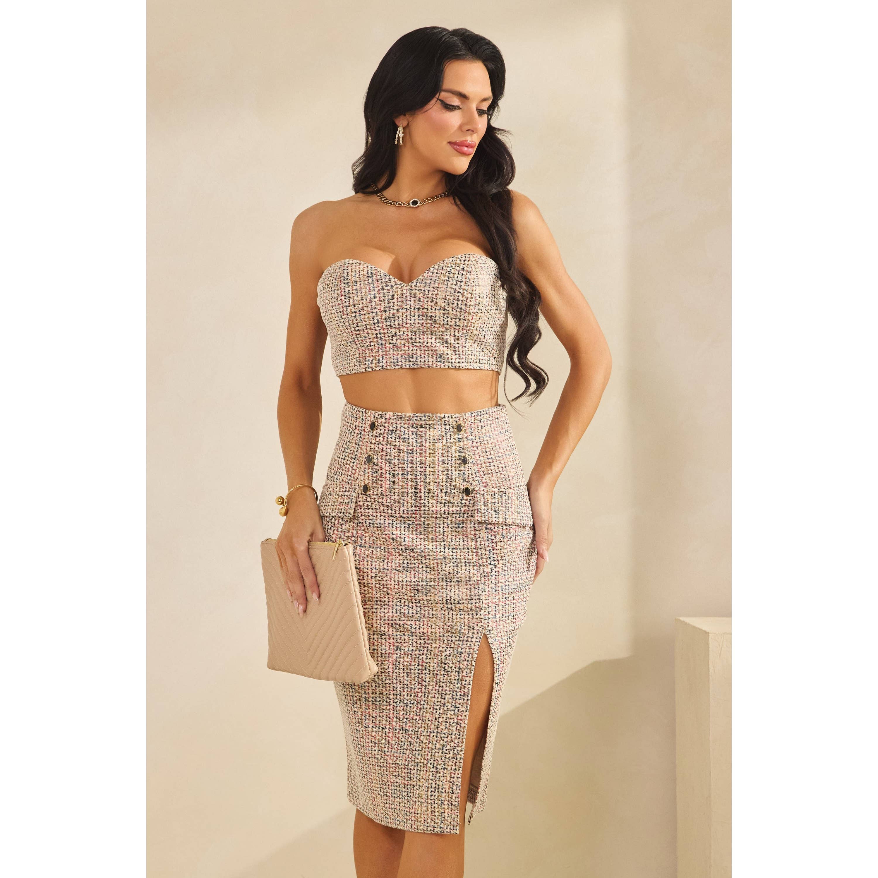 DORCAS - Wholesale Top & Skirt Set - Women's - Tweed Side Slit Midi Skirt Set7