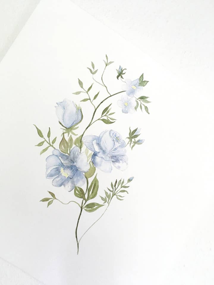 Impresión artística en acuarela con rama de rosa azul para venta al por mayor de StudioReta