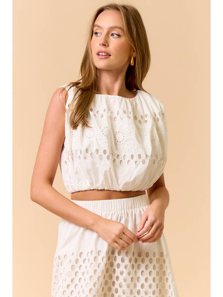 Lalavon - Wholesale Blouse - Women's - ILT4961 EMBROIDERED FLORAL EYELET ELASTIC DETAIL TOP