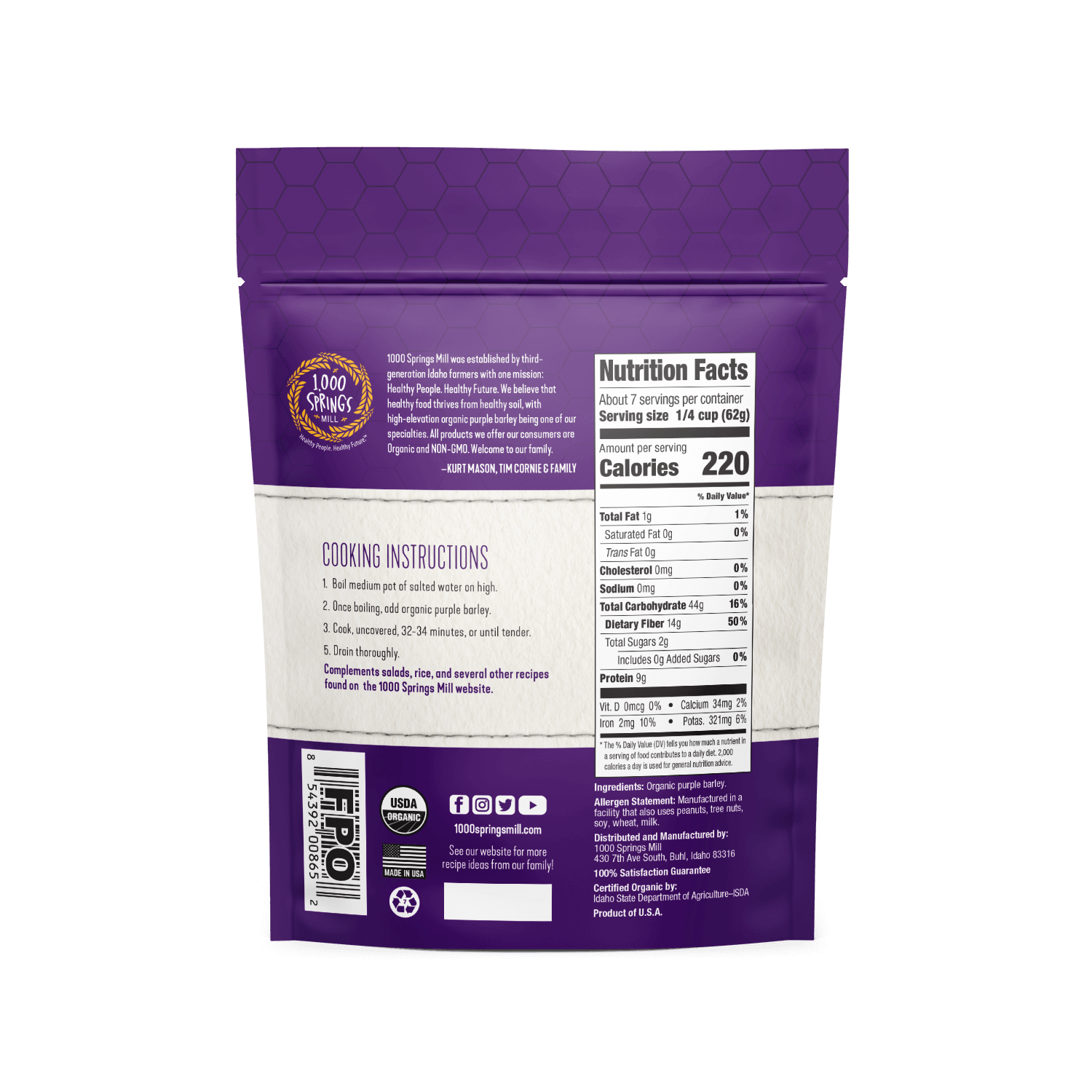 1000 Springs Mill - Wholesale Whole Grains - 16 oz. Organic Purple Barley (12 Pack!!!)1
