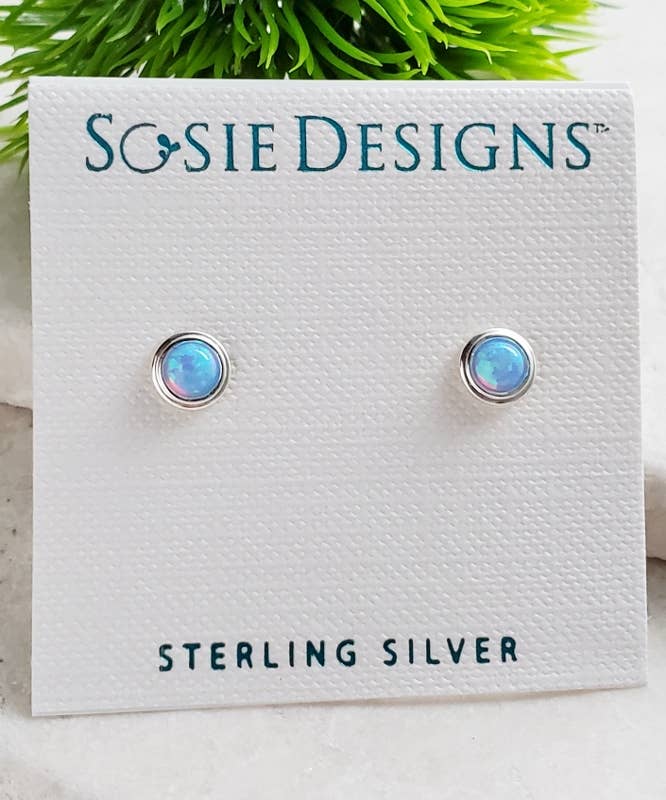 Sosie Designs - Wholesale Stud/Post Earrings - Silver Fire Opal Bezel Studs - Azure Blue