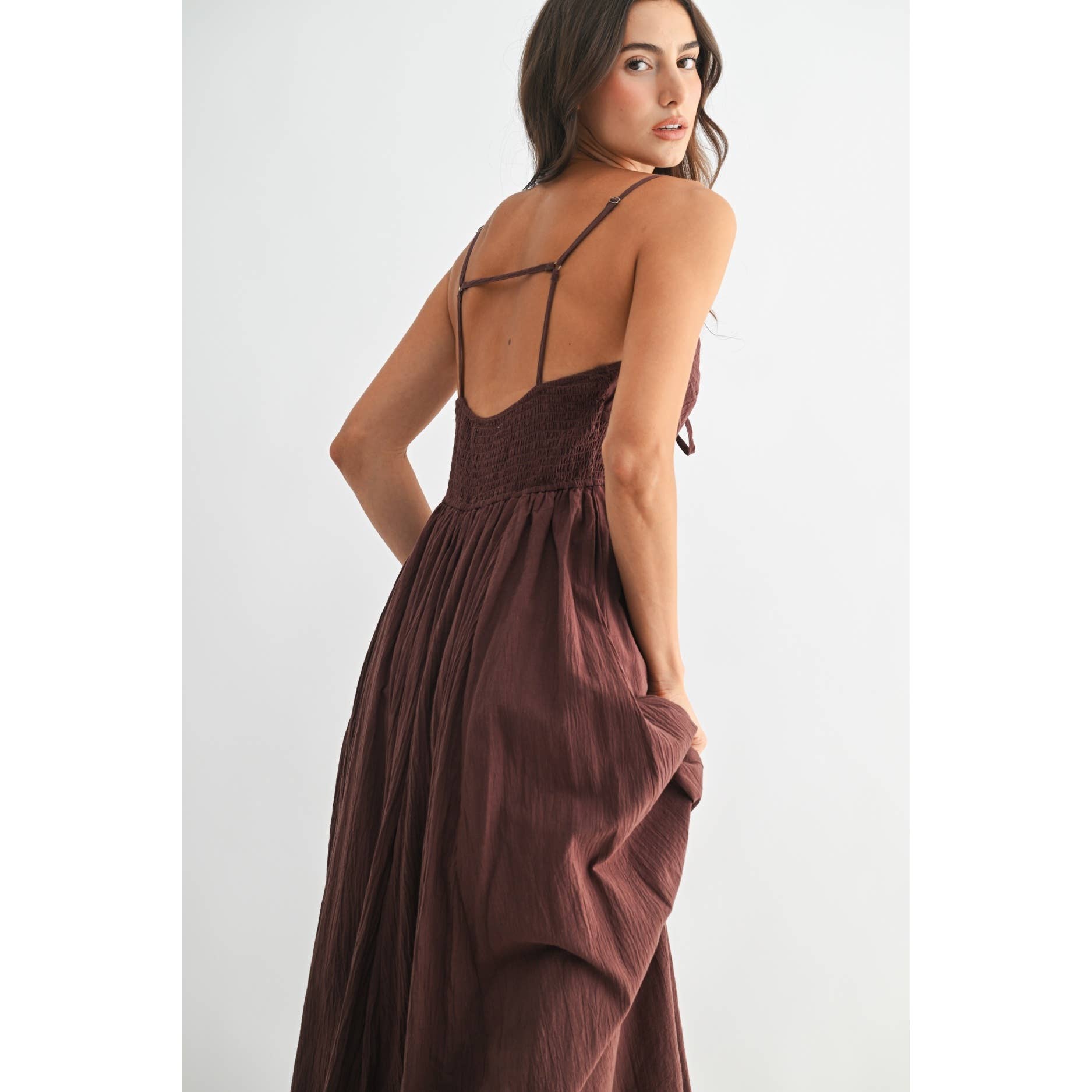BROWN MAXI DRESS WITH RUCHED BODICE AND ADJUSTABLE STRAP for wholesale on Faire11