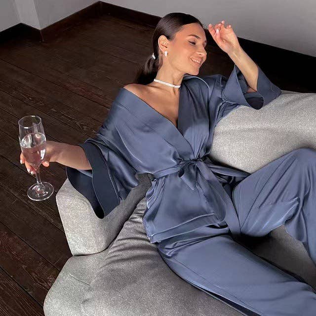 SALINA TRADING INC - Wholesale Sleepwear set – Women's - Women Solid Satin Long Sleeve Loose Lace-Up Pajamas Two Piece Set5