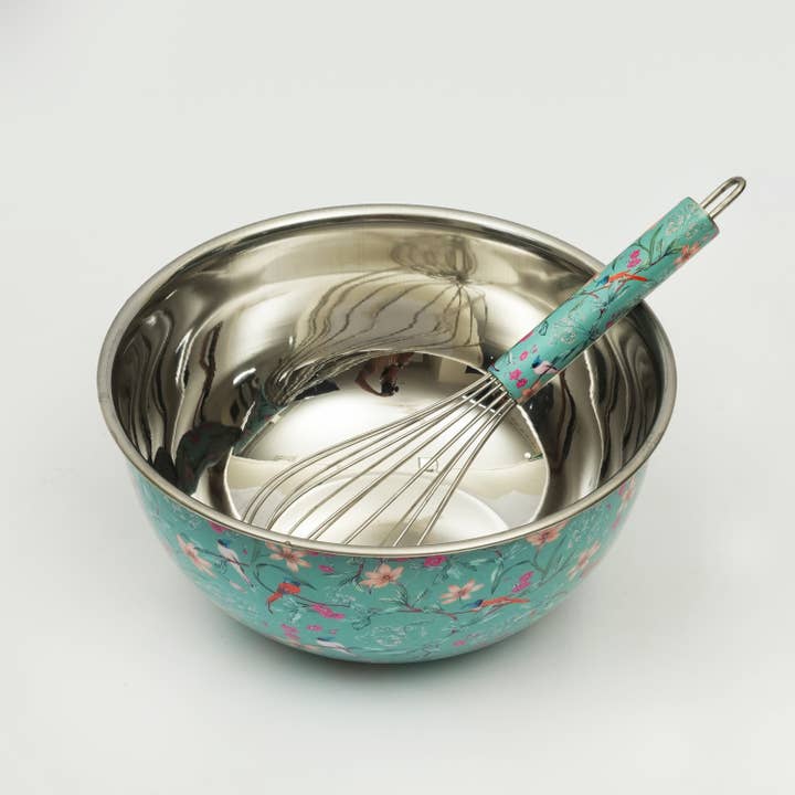 Aqua Flora Bowl & Whisk Set for wholesale by Mela Artisans