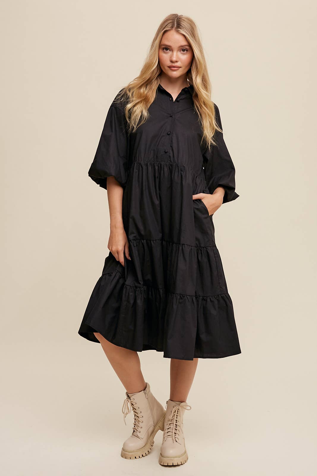 Listicle - Wholesale Dress - Women's - Tiered Poplin Shirt Dress0