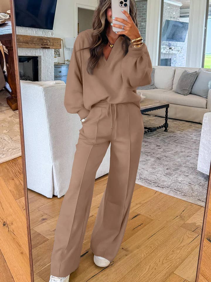 Lovesoft - Wholesale Lounge Set - Women's - Light Grey Polo Collar V Neck Pullover and Drawstring Sweatpants Set5